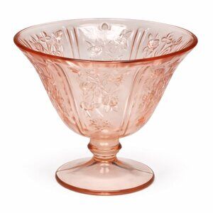 Large Vintage Pink Depression Glass Compote | Pedestal Bowl Vase | Floral Presse